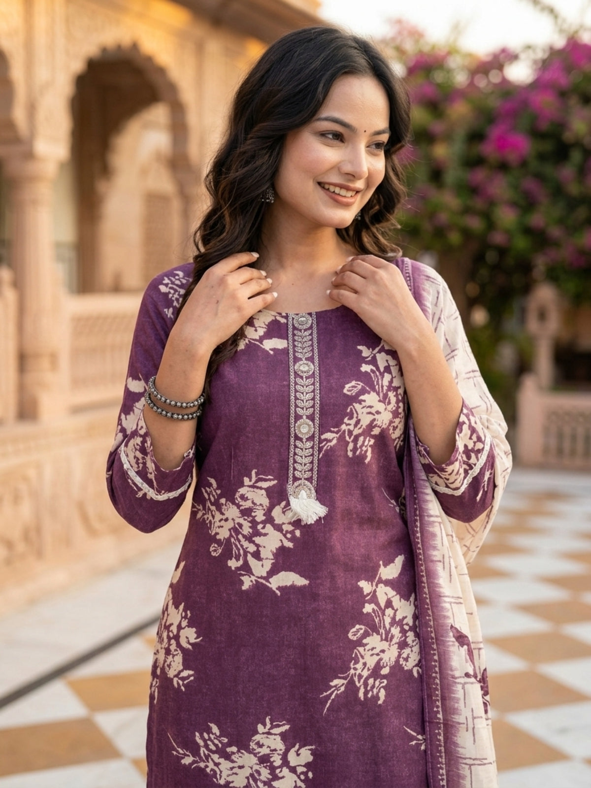 Stella Women Modal Flower Printed Kurta with Solid Trouser & Matching Dupatta Set | Round Neck 3/4 Sleeves Woven Kurta with Elasticated Waistband | Slip-On Bottom | Ethnic Wear | Ank