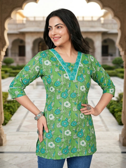Green Floral Print Cotton Short Kurti with V-Neck