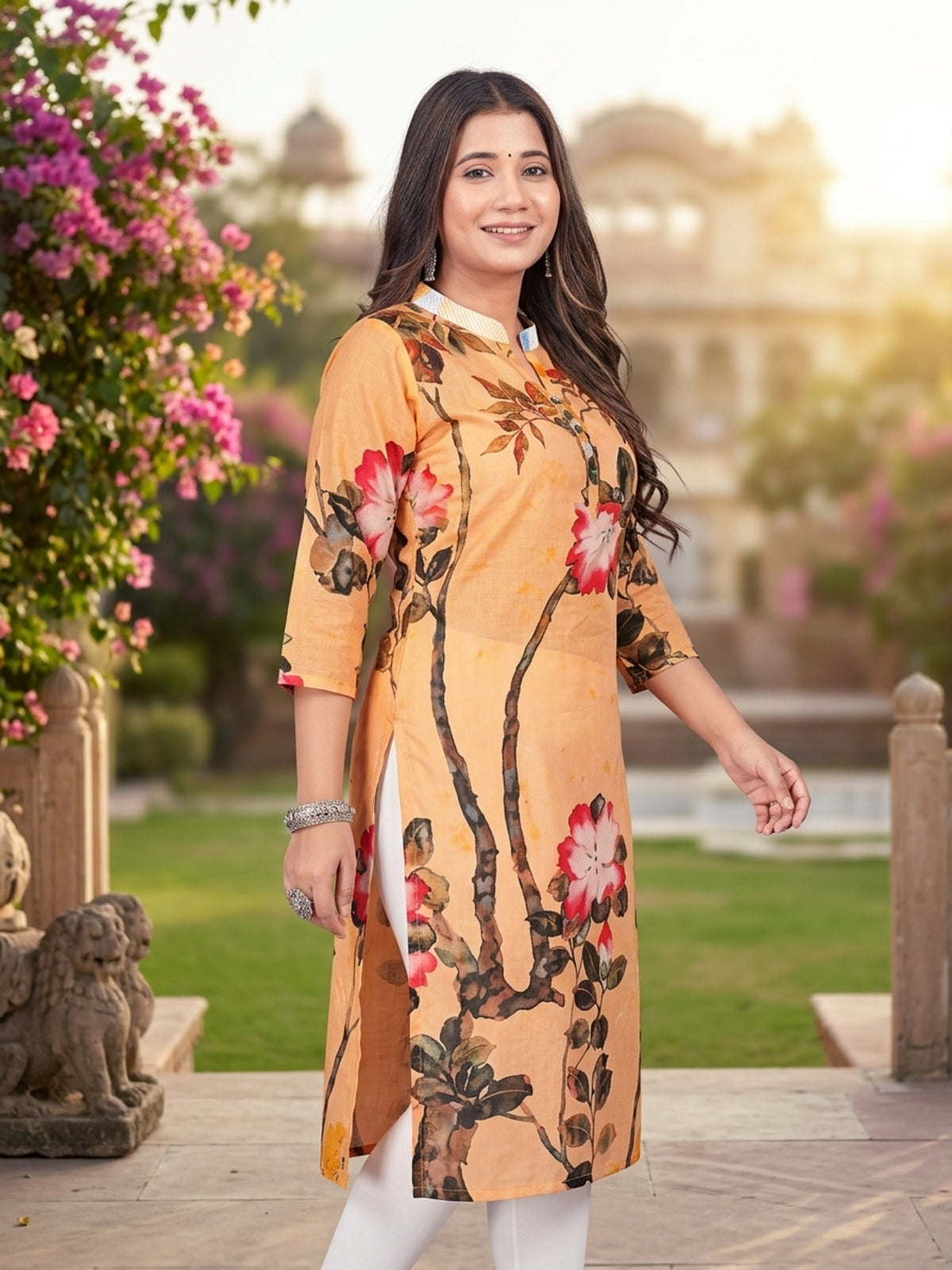 Priyanshi Women Ethnic Motifs Satin Cotton Kurti with Round Neck & Three-Quarter Sleeves