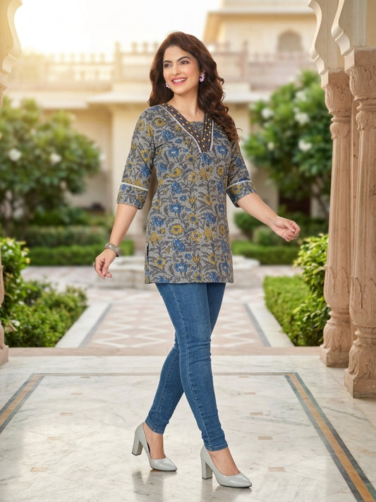 Women Floral Print Cotton Blend Grey Short Kurti