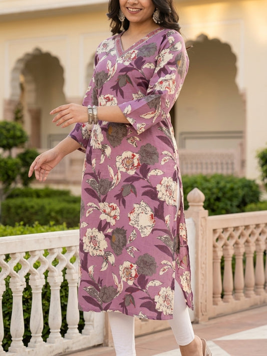 Elegant Purple Floral Cotton Kurti with V-Neckline