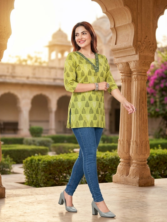 Lime Green Leaf Printed Cotton Blend Short Kurti