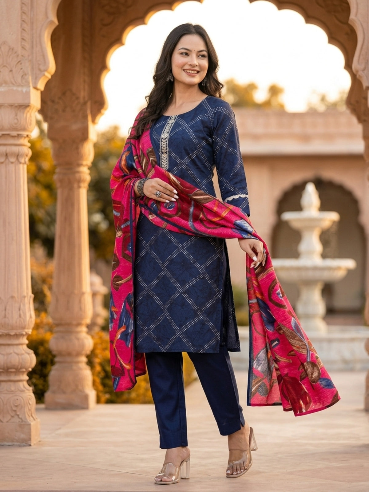 Stella Women Modal Flower Printed Kurta with Solid Trouser & Matching Dupatta Set | Round Neck 3/4 Sleeves Woven Kurta with Elasticated Waistband | Slip-On Bottom | Ethnic Wear | Ank