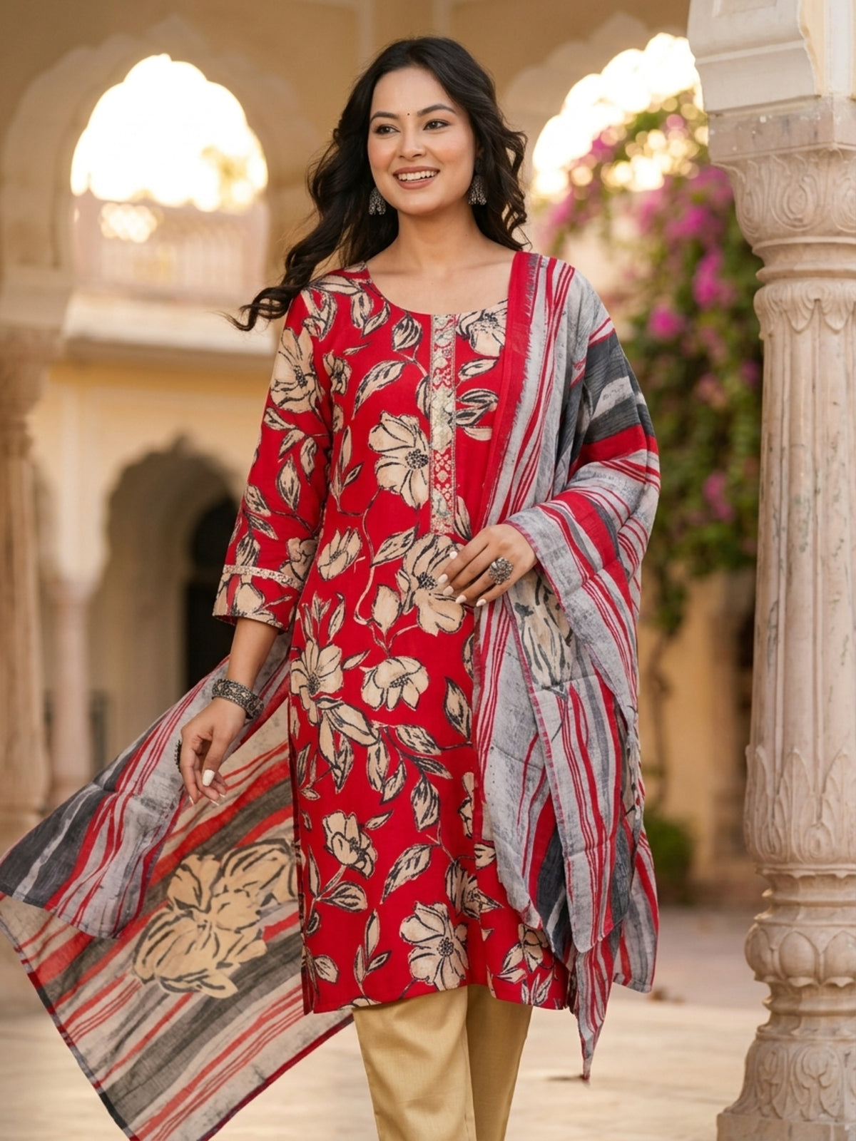 Stella Women Modal Flower Printed Kurta with Solid Trouser & Matching Dupatta Set | Round Neck 3/4 Sleeves Woven Kurta with Elasticated Waistband | Slip-On Bottom | Ethnic Wear | Ank