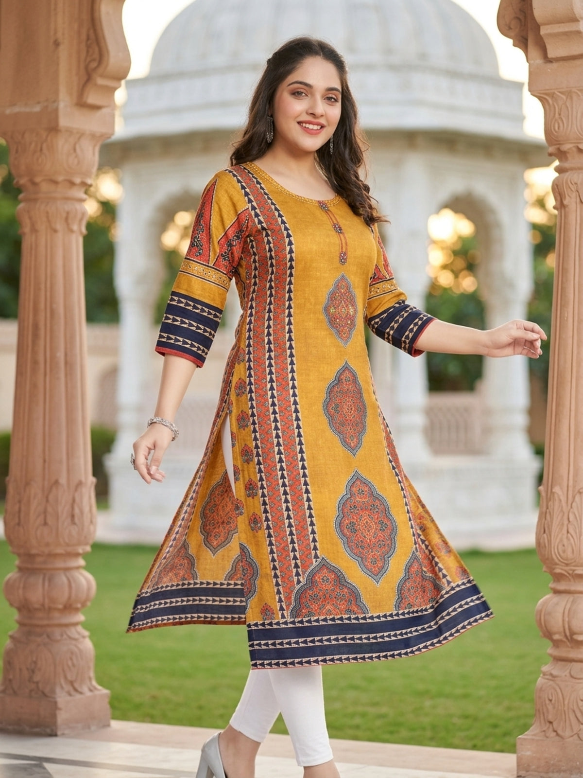Swati Women Ethnic Motifs Pure Cotton Kurti with Round Neck & Three-Quarter Sleeves