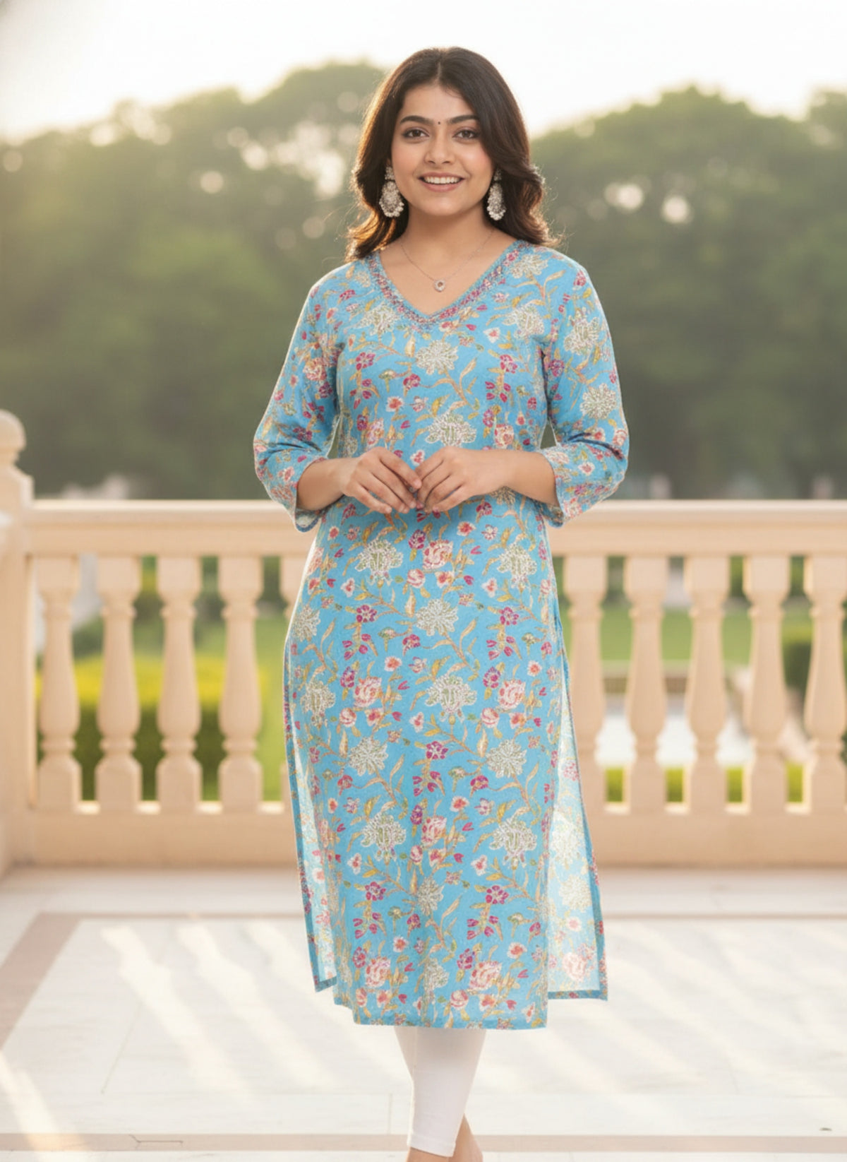 Women Sky Blue Floral Printed Pure Cotton Straight Kurti