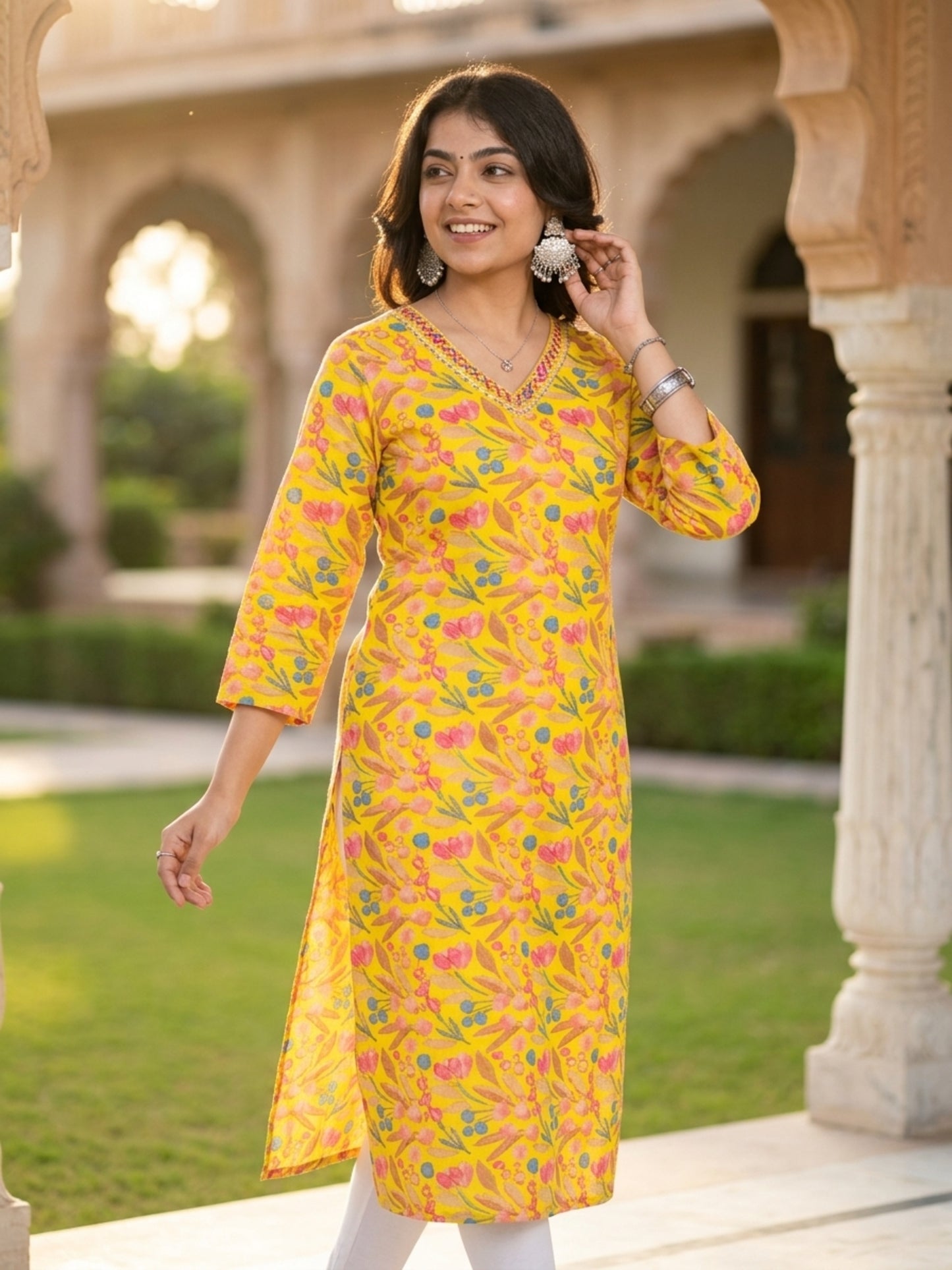 V-Neck Three-Quarter Sleeve Yellow Print Casual Kurti