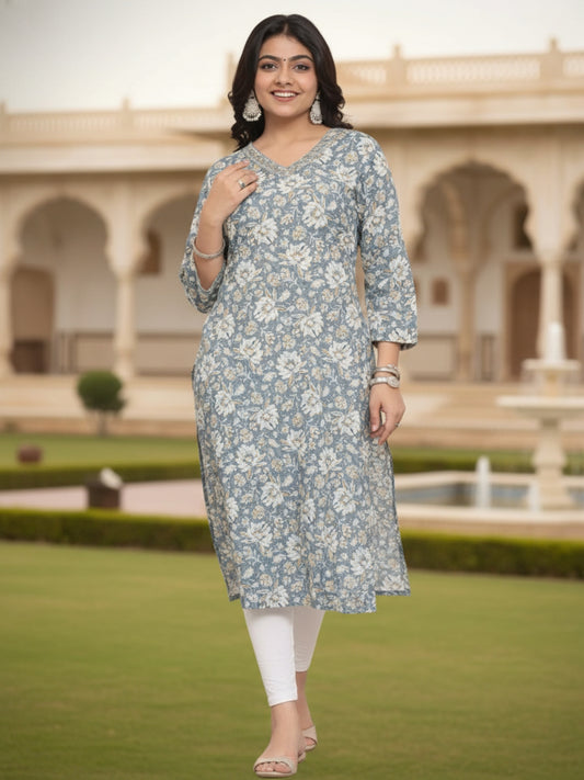 Greyish-Blue Floral Print Cotton Straight Kurti