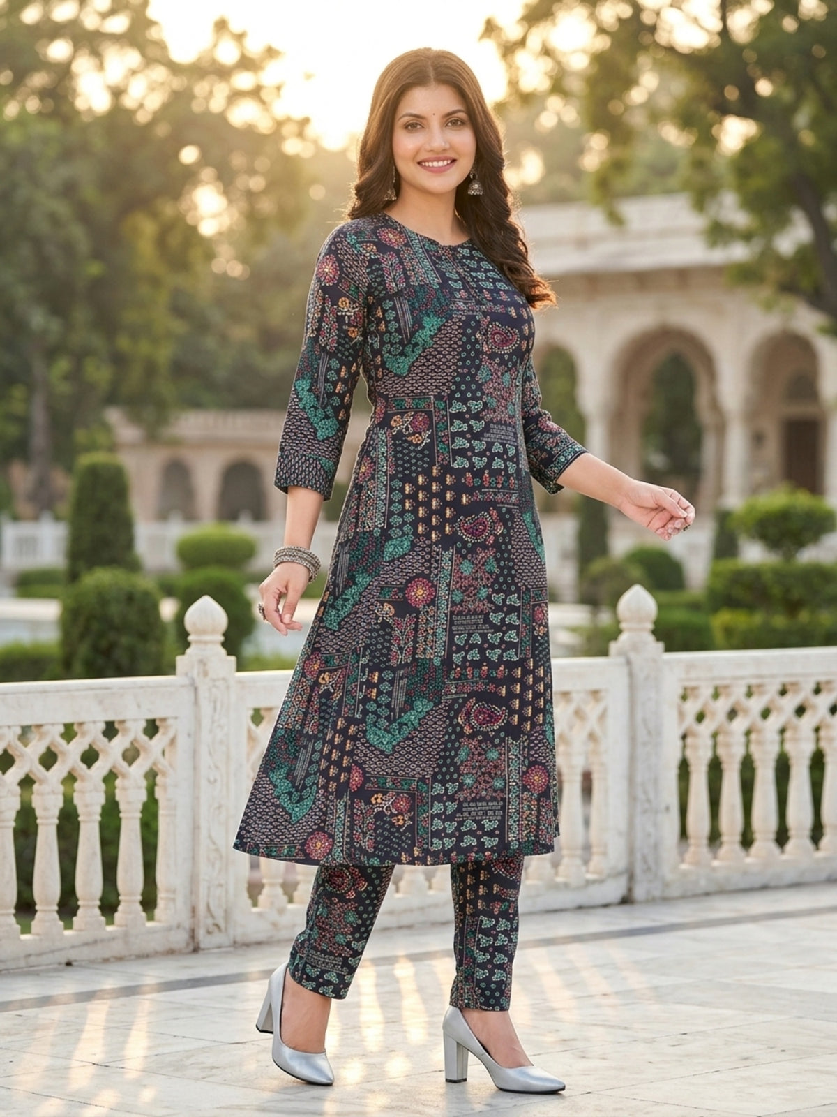 Parineeti Women Green Floral Printed Rayon A-Line Co-Ord Set with Trousers | Ank
