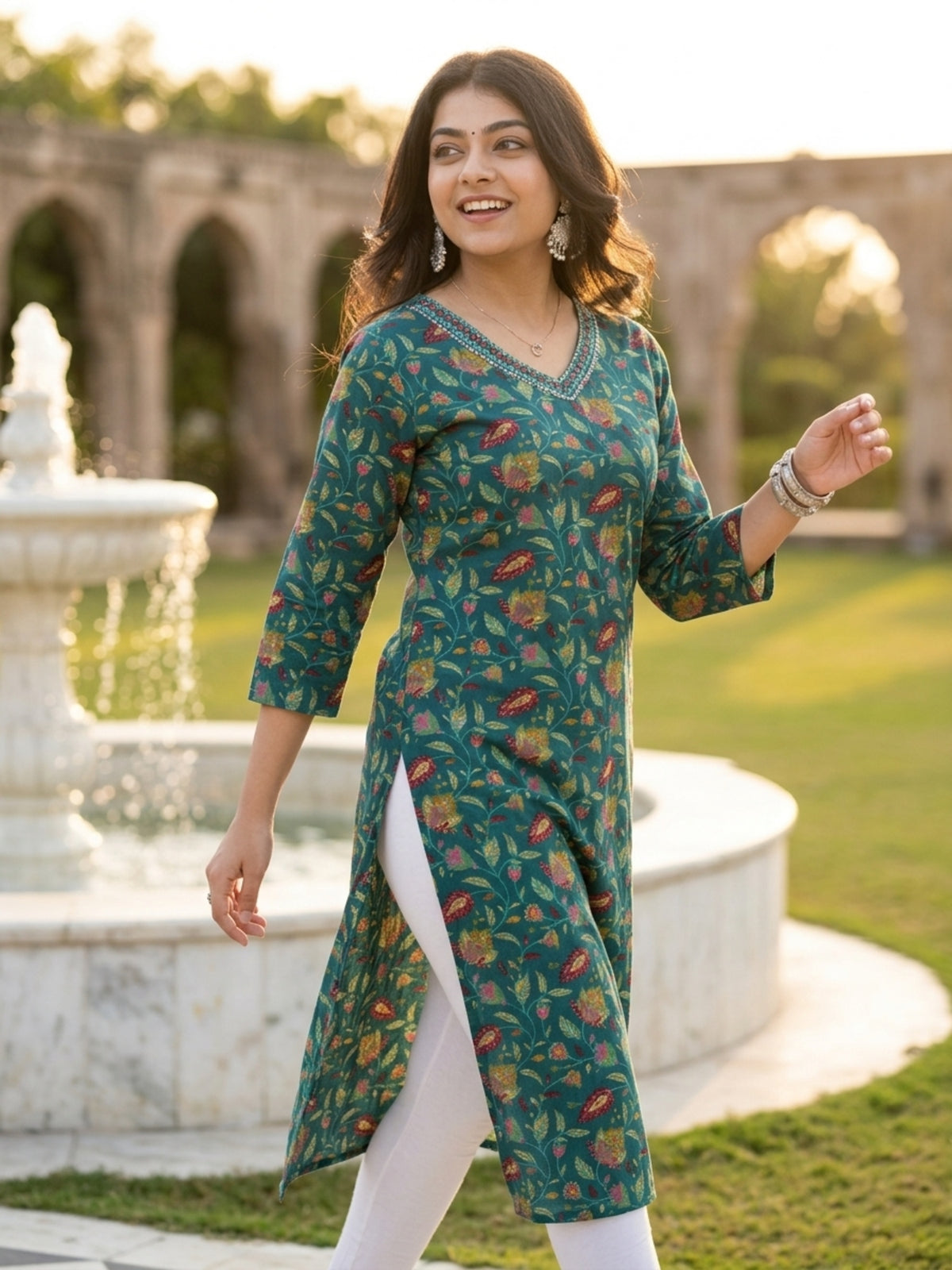 Floral Print Cotton Rayon Straight Kurta (Teal Green)