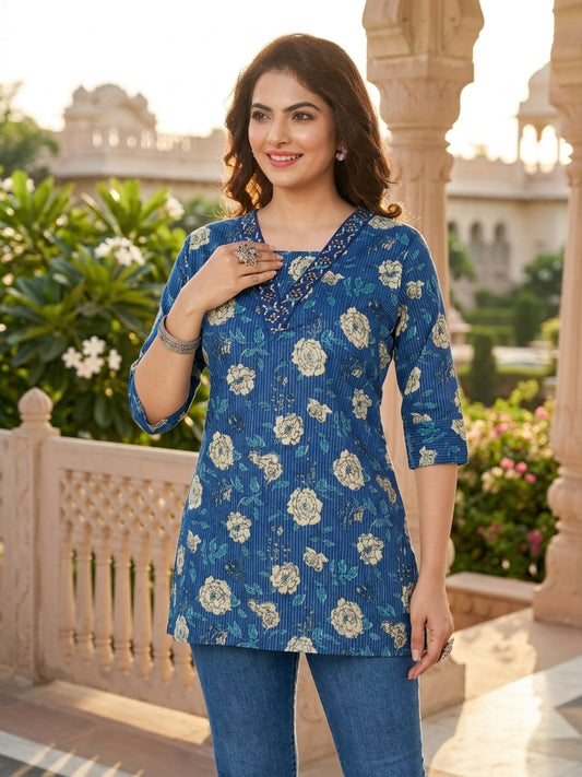 Indigo Blue Floral Printed Cotton Short Kurti
