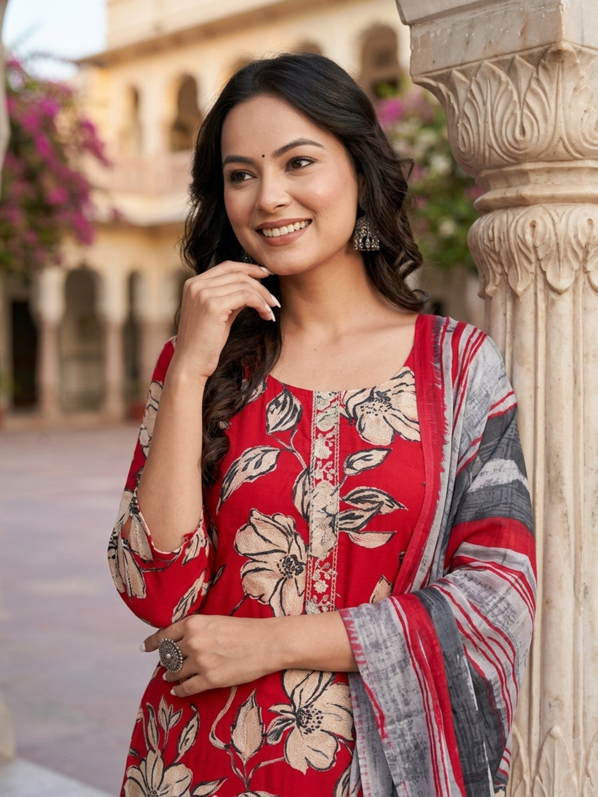 Stella Women Modal Flower Printed Kurta with Solid Trouser & Matching Dupatta Set | Round Neck 3/4 Sleeves Woven Kurta with Elasticated Waistband | Slip-On Bottom | Ethnic Wear | Ank