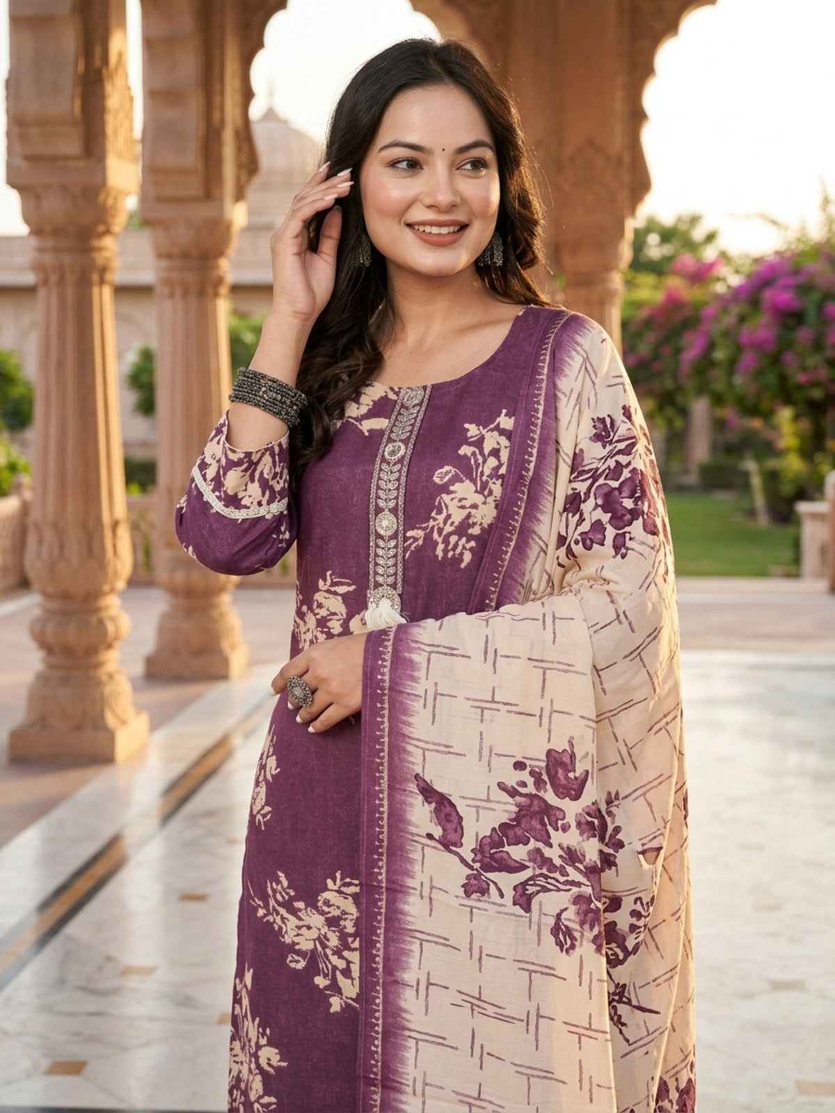 Stella Women Modal Flower Printed Kurta with Solid Trouser & Matching Dupatta Set | Round Neck 3/4 Sleeves Woven Kurta with Elasticated Waistband | Slip-On Bottom | Ethnic Wear | Ank