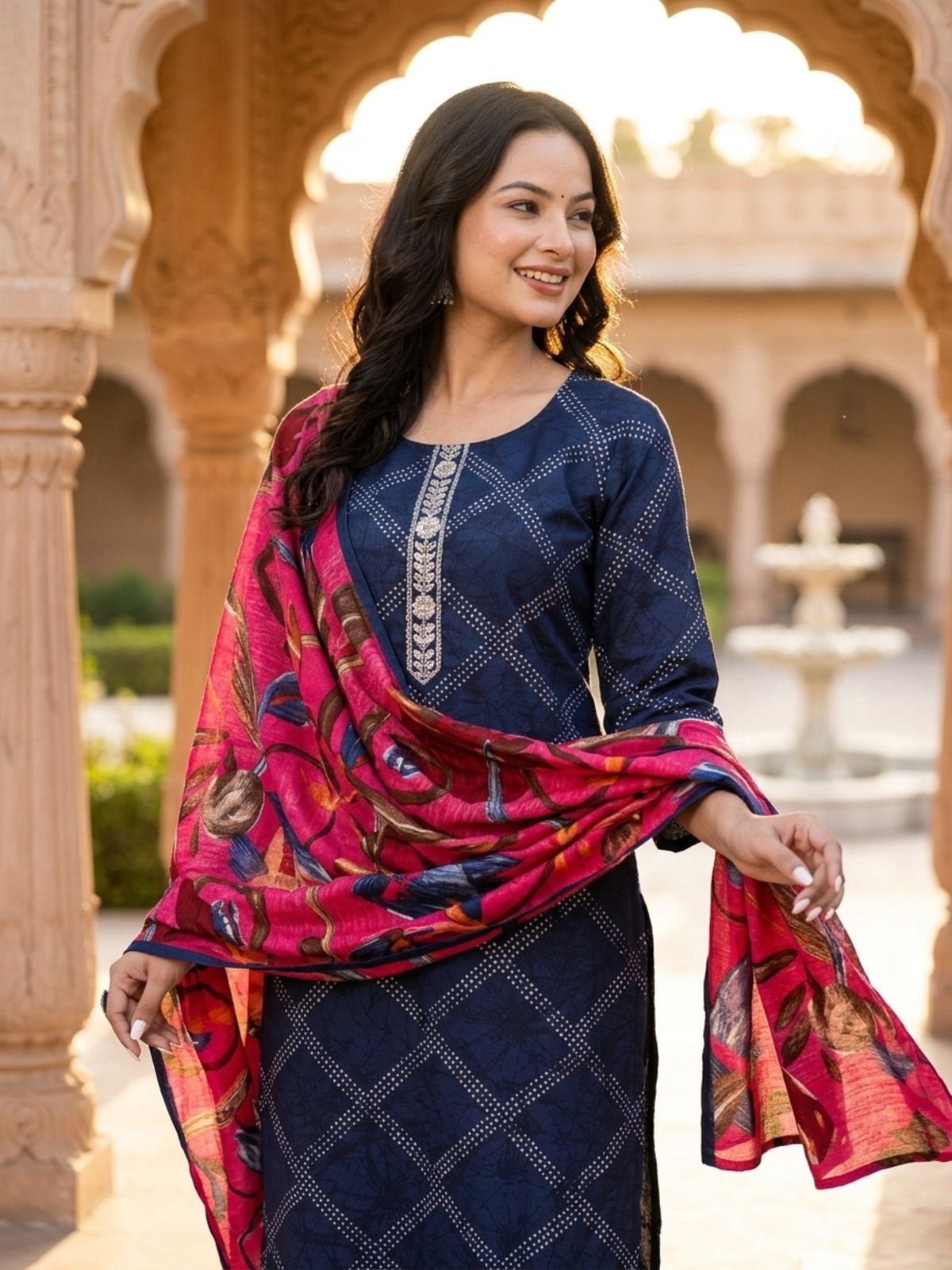 Stella Women Modal Flower Printed Kurta with Solid Trouser & Matching Dupatta Set | Round Neck 3/4 Sleeves Woven Kurta with Elasticated Waistband | Slip-On Bottom | Ethnic Wear | Ank