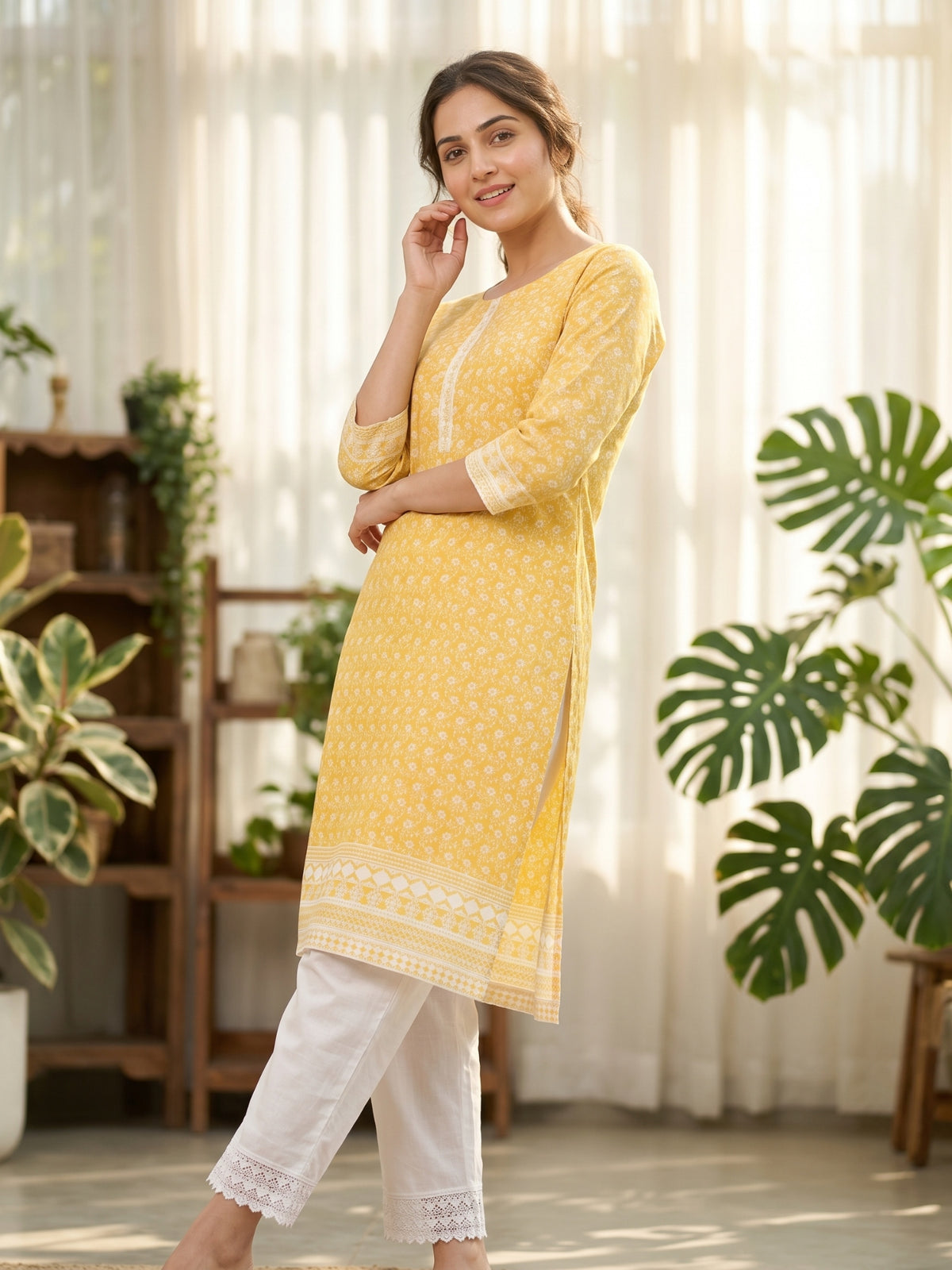 Nizam Women Pure Cotton Printed Ethnic Kurta Set with Matching Trousers, Round Neck, 3/4 Sleeves & Straight Fit for Casual, Office & Festive Wear | Ank