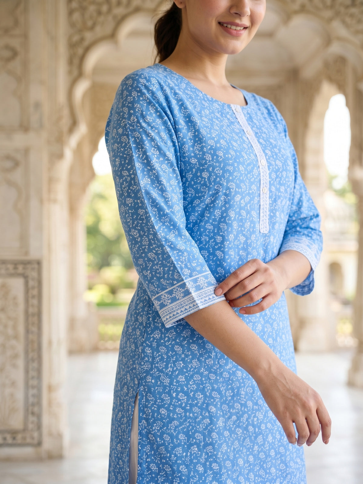 Nizam Women Pure Cotton Printed Ethnic Kurta Set with Matching Trousers, Round Neck, 3/4 Sleeves & Straight Fit for Casual, Office & Festive Wear | Ank