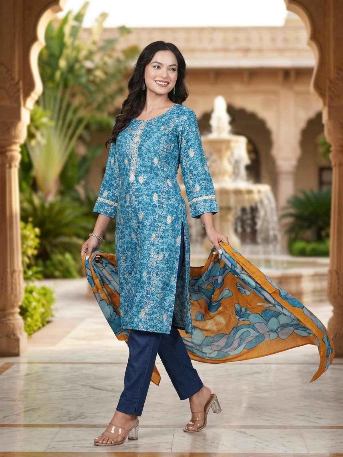 Stella Women Modal Flower Printed Kurta with Solid Trouser & Matching Dupatta Set | Round Neck 3/4 Sleeves Woven Kurta with Elasticated Waistband | Slip-On Bottom | Ethnic Wear | Ank