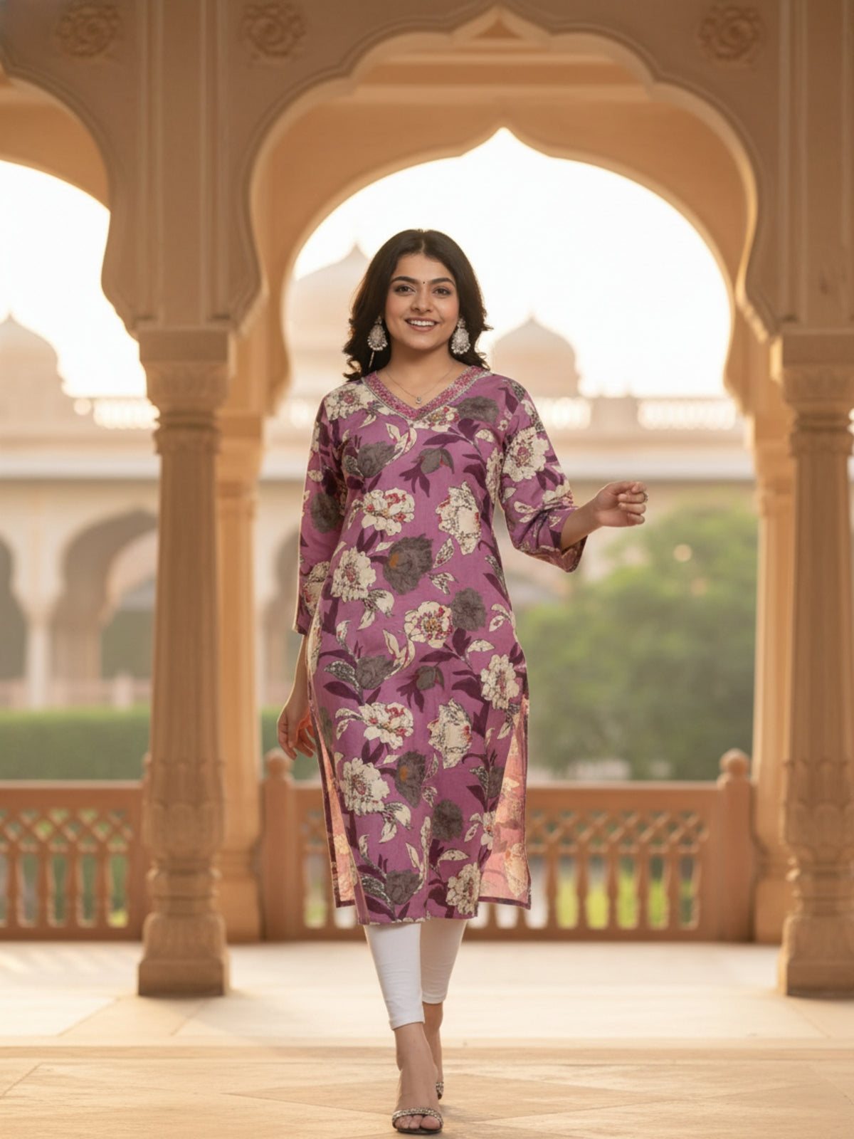 Aditi Women Purple Floral Printed Straight Kurta with V-Neck & 3/4 Sleeves | Elegant Ethnic Wear for Casual Outings, Office Wear, Festive Gatherings & Daily Wear | Minu
