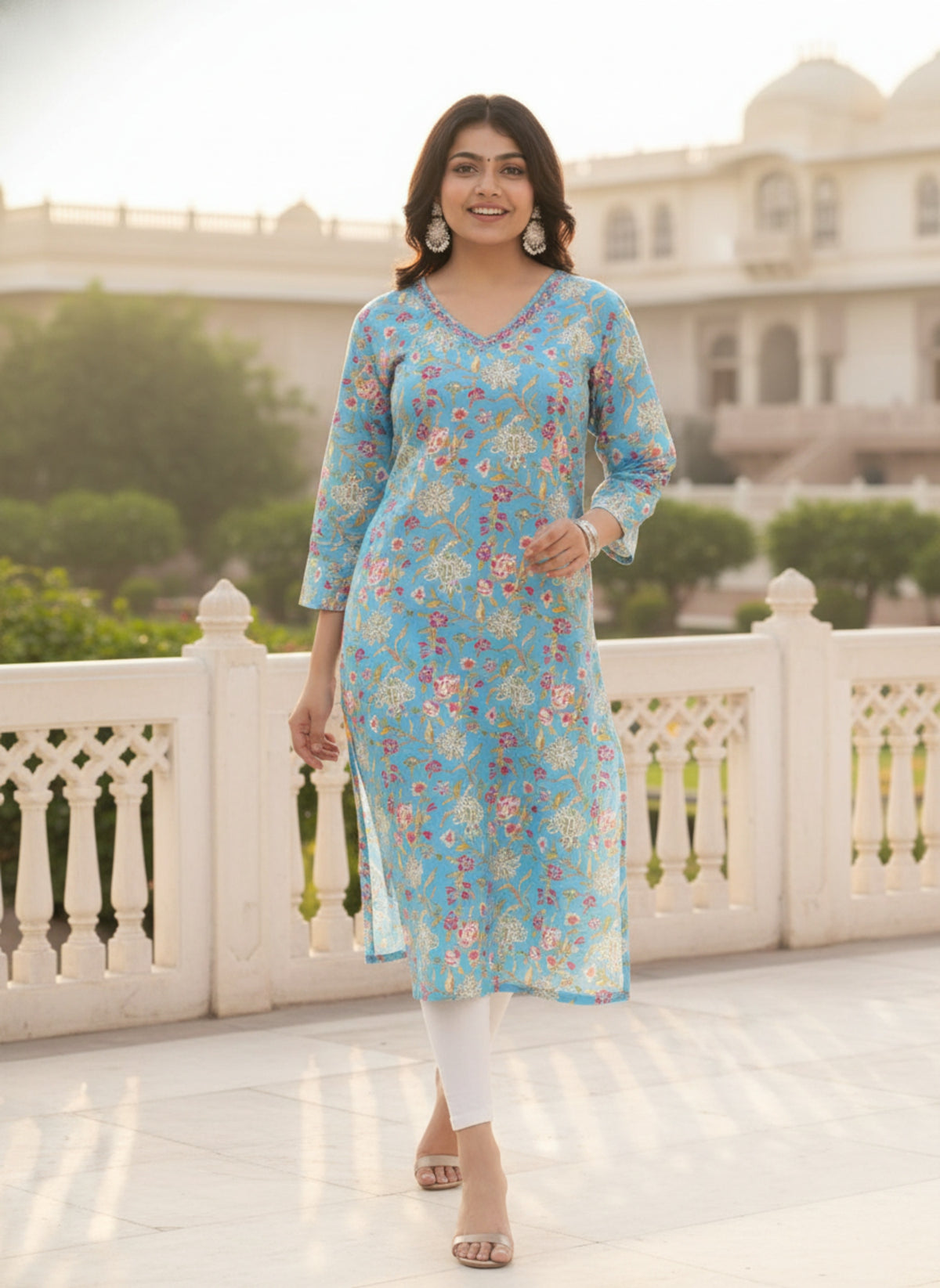 Women Sky Blue Floral Printed Pure Cotton Straight Kurti