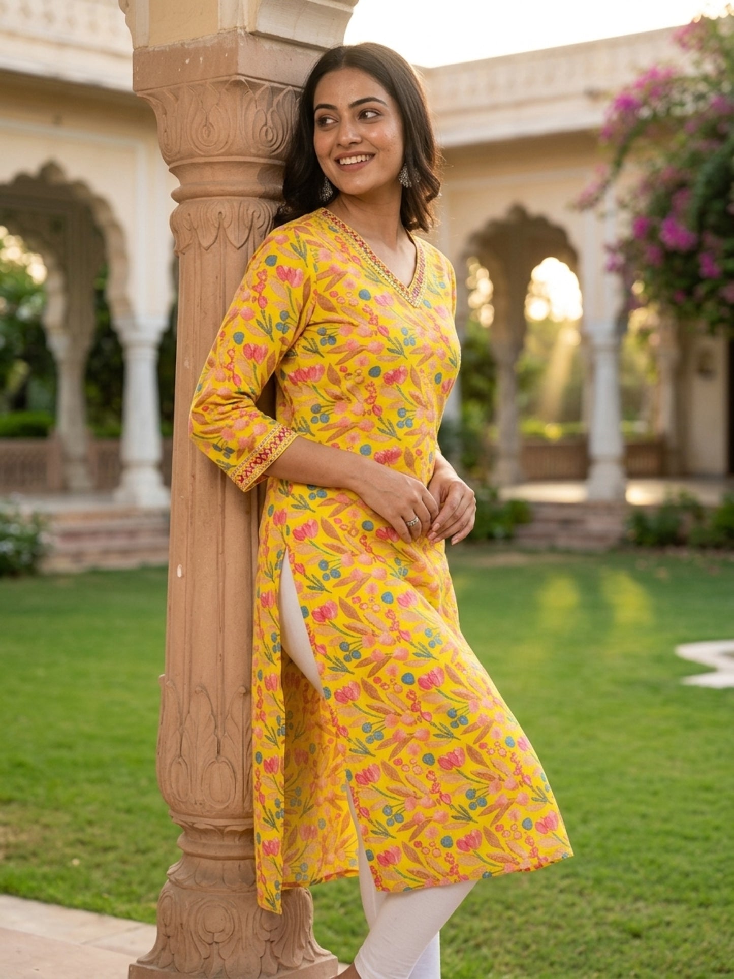 V-Neck Three-Quarter Sleeve Yellow Print Casual Kurti