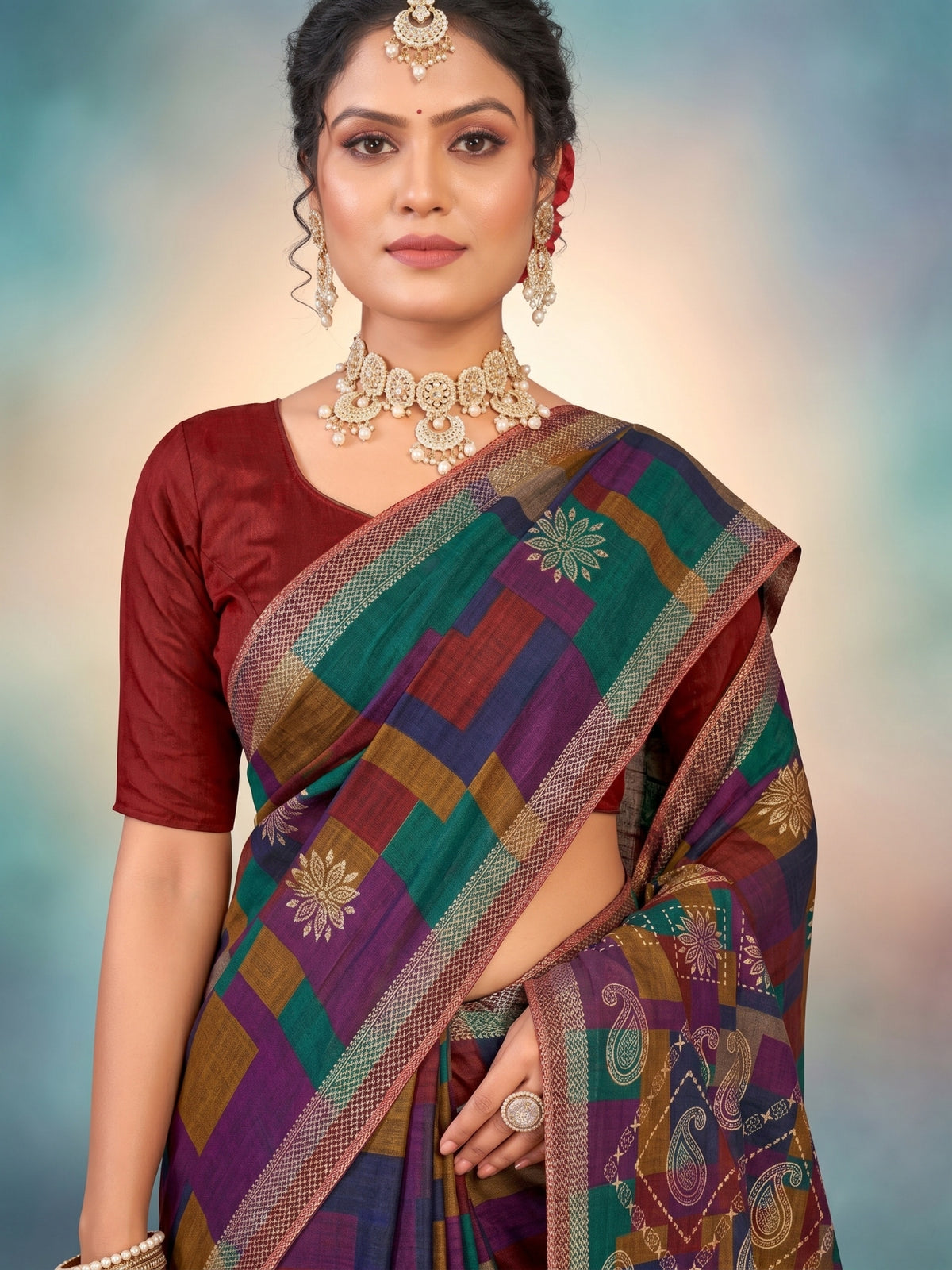 Matka Masleen Multi Color Check Saree