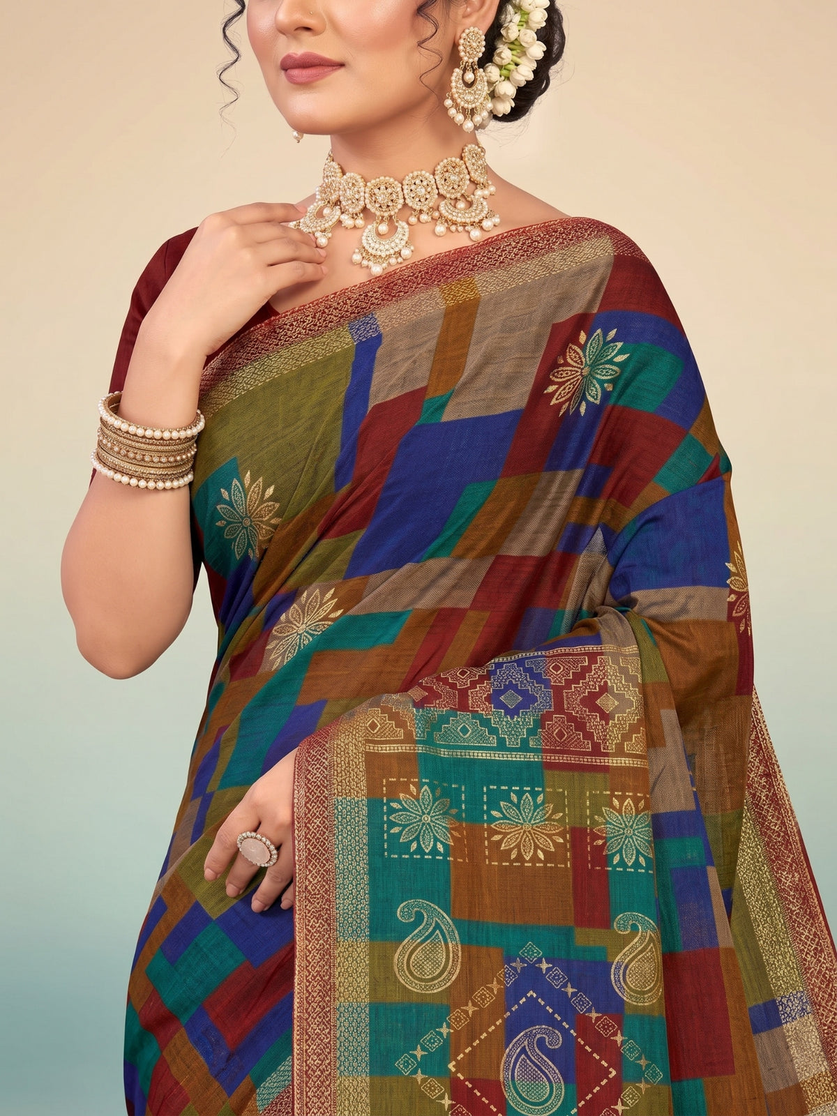 Matka Masleen Multi-Color Geometric Check Saree With Paisley Pallu