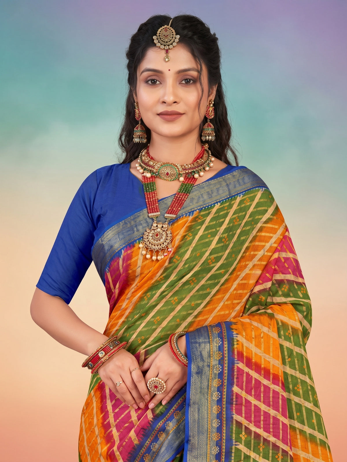 Bobby Rani Orange & Green Saree