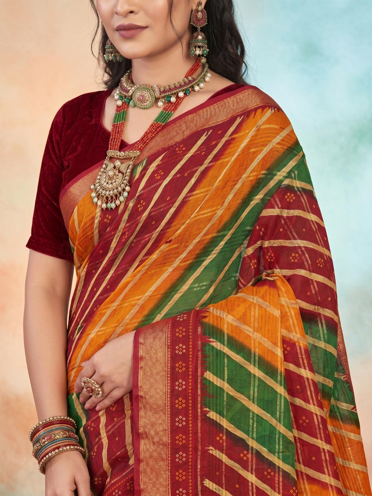 Bobby Rani Red & Green Drape Saree
