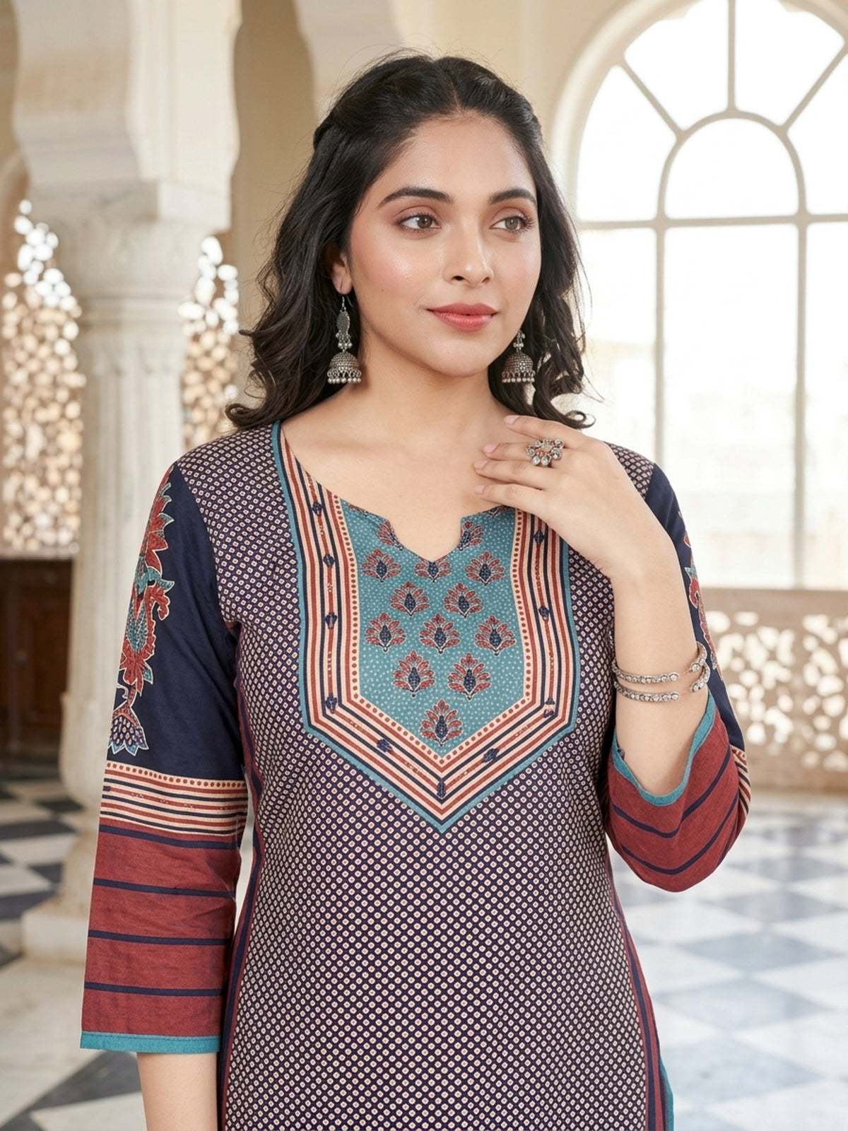 Swati Women Ethnic Motifs Pure Cotton Kurti with Round Neck & Three-Quarter Sleeves