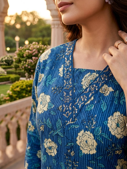 Indigo Blue Floral Printed Cotton Short Kurti