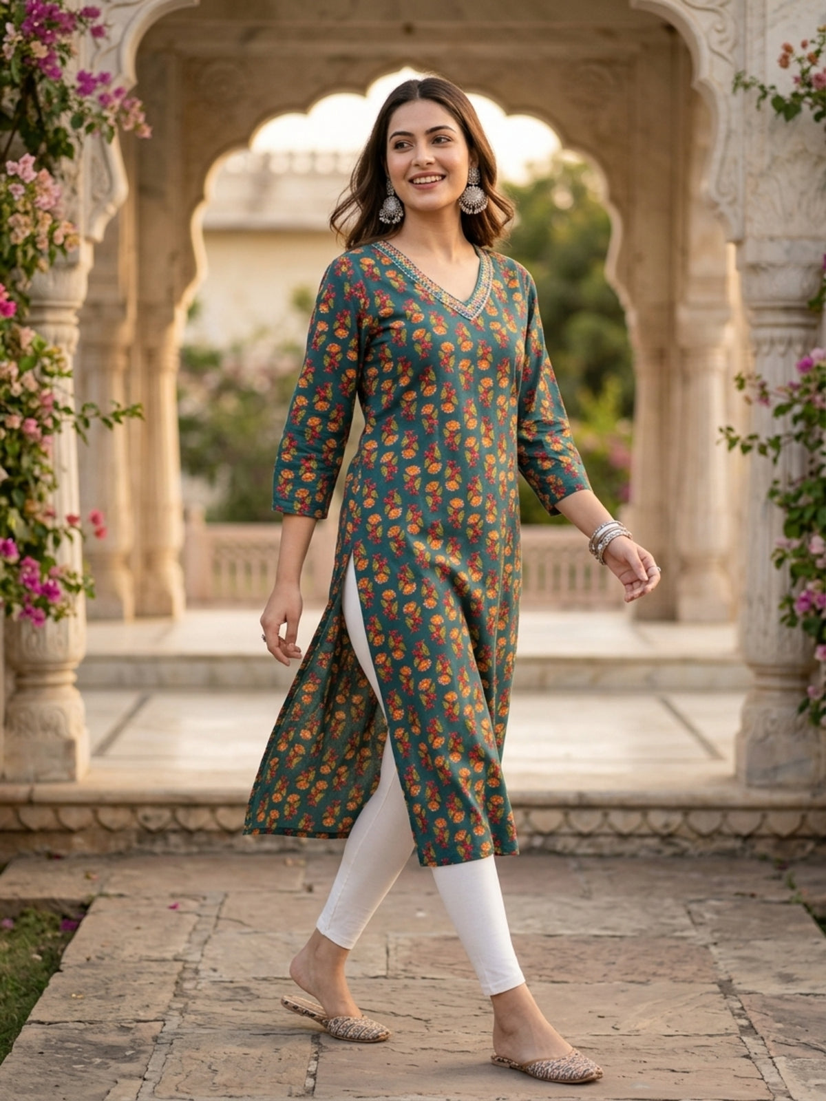 Teal Green Floral Printed Cotton Kurta with V-Neck