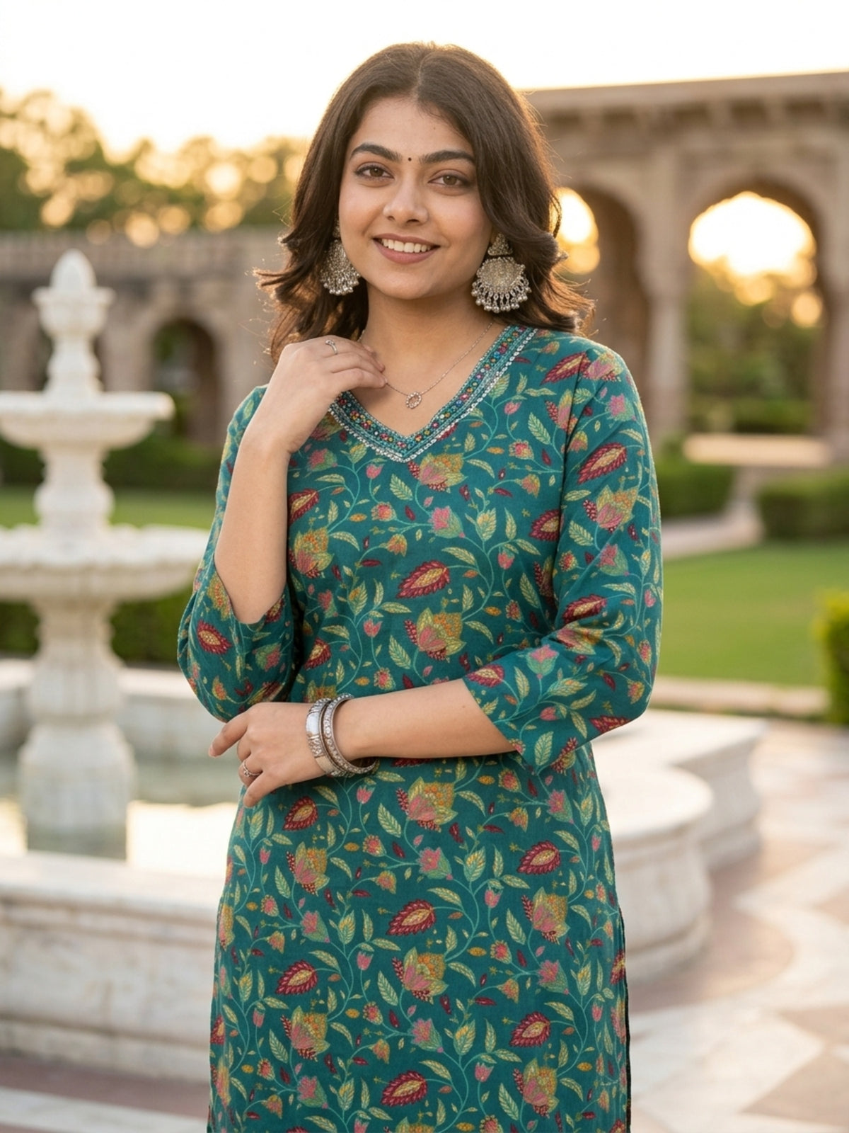 Floral Print Cotton Rayon Straight Kurta (Teal Green)