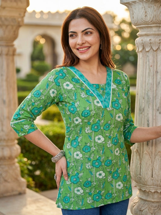 Green Floral Print Cotton Short Kurti with V-Neck