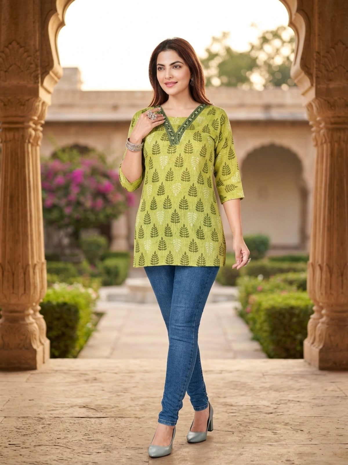 Lime Green Leaf Printed Cotton Blend Short Kurti