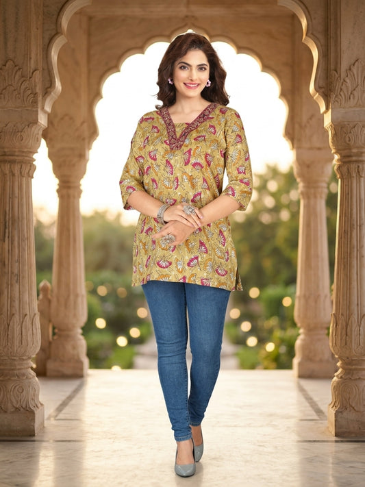 Pure Cotton Floral Print Short Kurti with Embroidered V-Neck Tunic