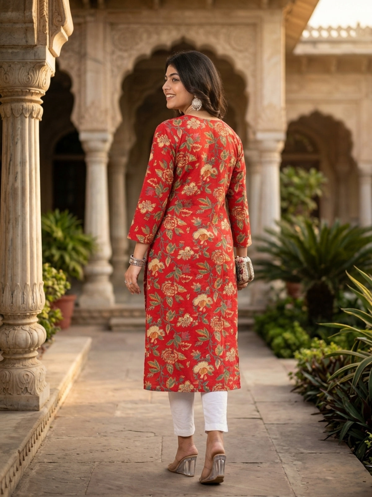 Red Floral Printed Cotton Casual Wear V-Neck Kurta