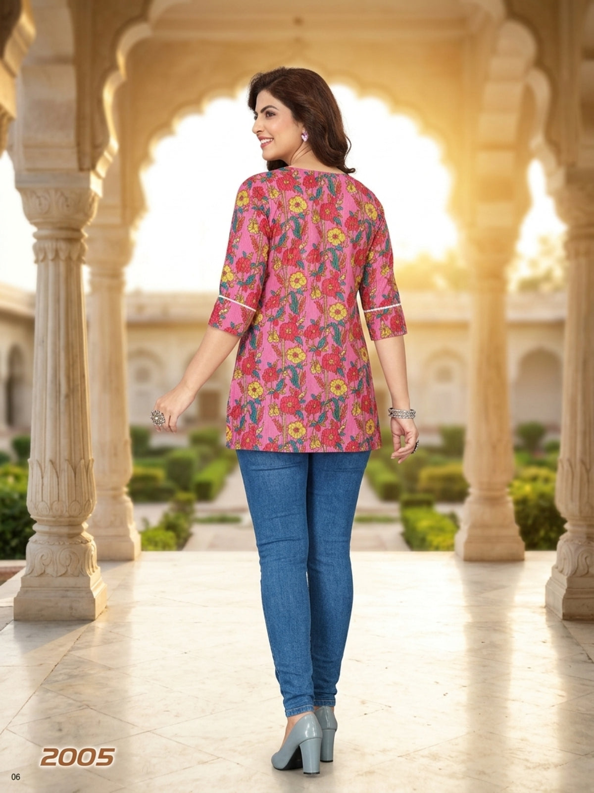 Pink Floral Print Cotton Short Kurti with Lace Detail V-Neck