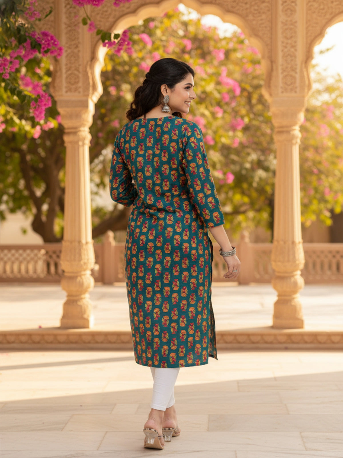 Teal Green Floral Printed Cotton Kurta with V-Neck