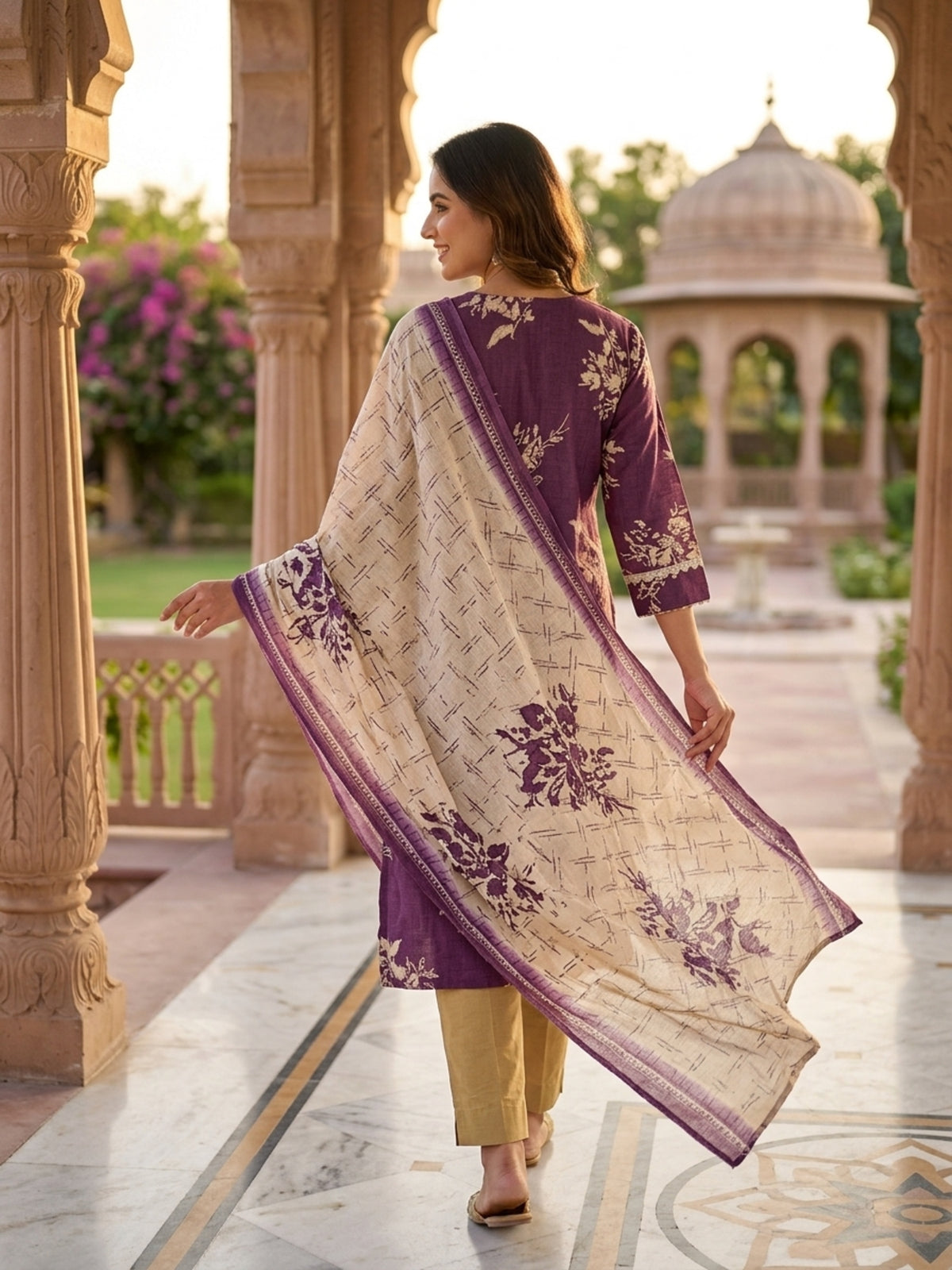 Stella Women Modal Flower Printed Kurta with Solid Trouser & Matching Dupatta Set | Round Neck 3/4 Sleeves Woven Kurta with Elasticated Waistband | Slip-On Bottom | Ethnic Wear | Ank