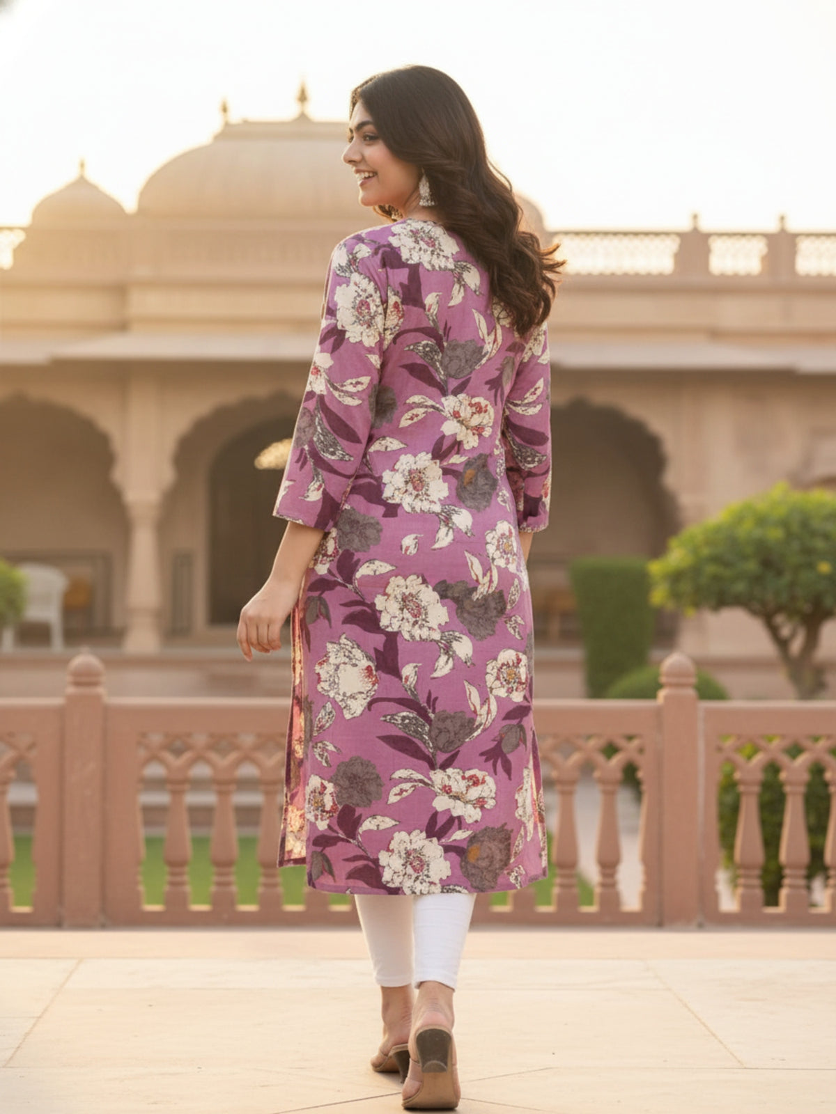 Aditi Women Purple Floral Printed Straight Kurta with V-Neck & 3/4 Sleeves | Elegant Ethnic Wear for Casual Outings, Office Wear, Festive Gatherings & Daily Wear | Minu