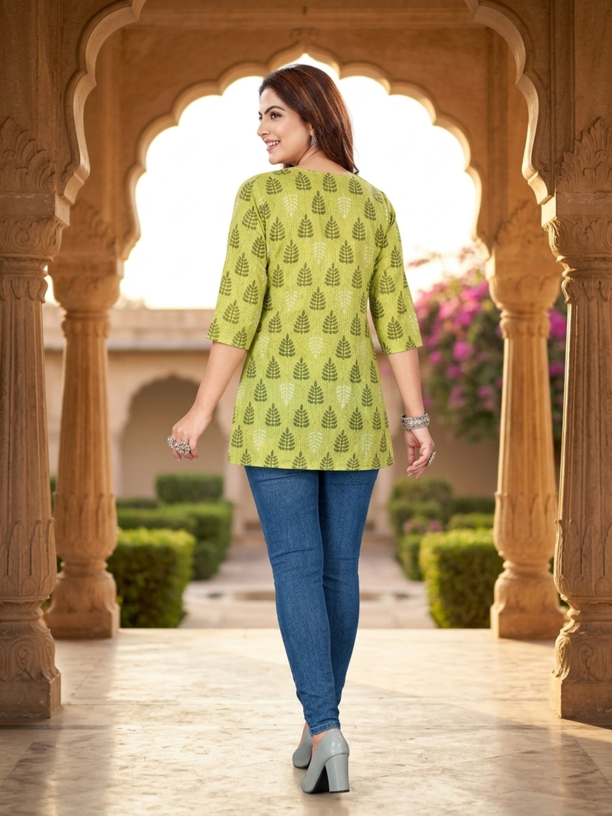 Lime Green Leaf Printed Cotton Blend Short Kurti
