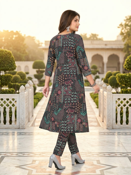 Parineeti Women Green Floral Printed Rayon A-Line Co-Ord Set with Trousers | Ank