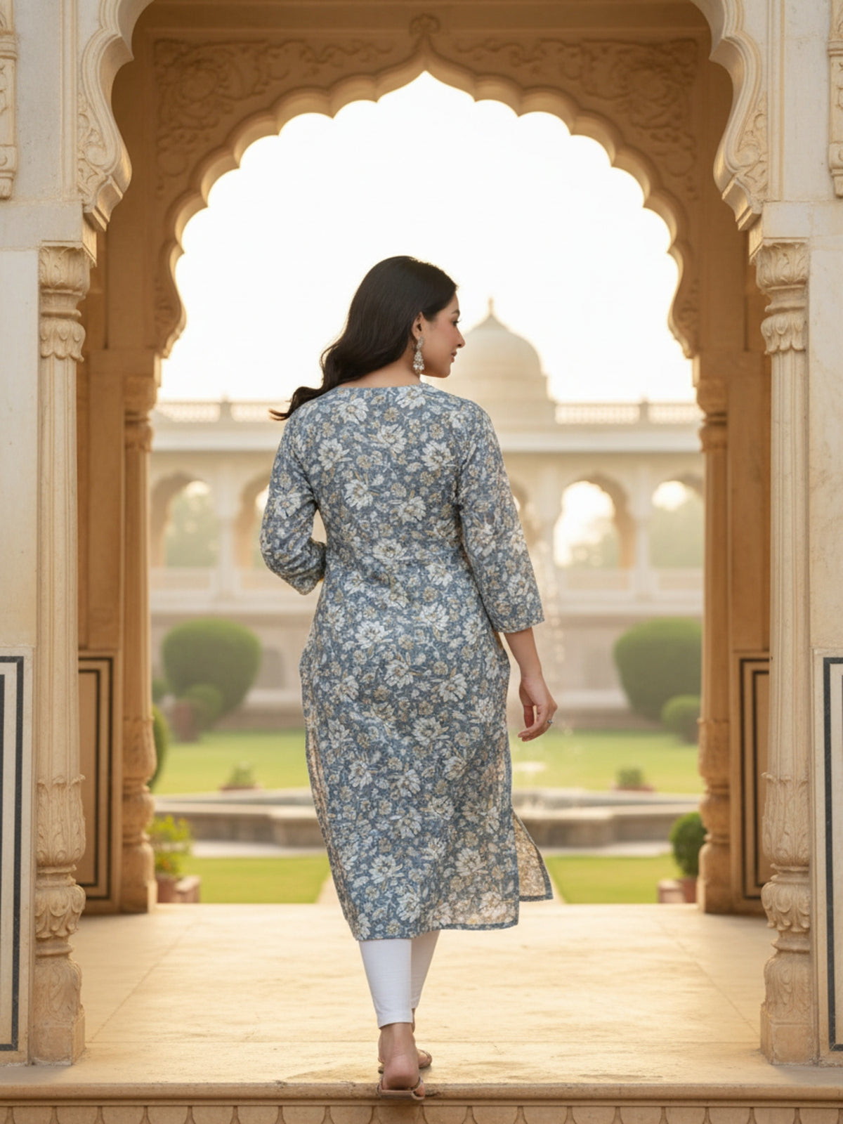 Greyish-Blue Floral Print Cotton Straight Kurti
