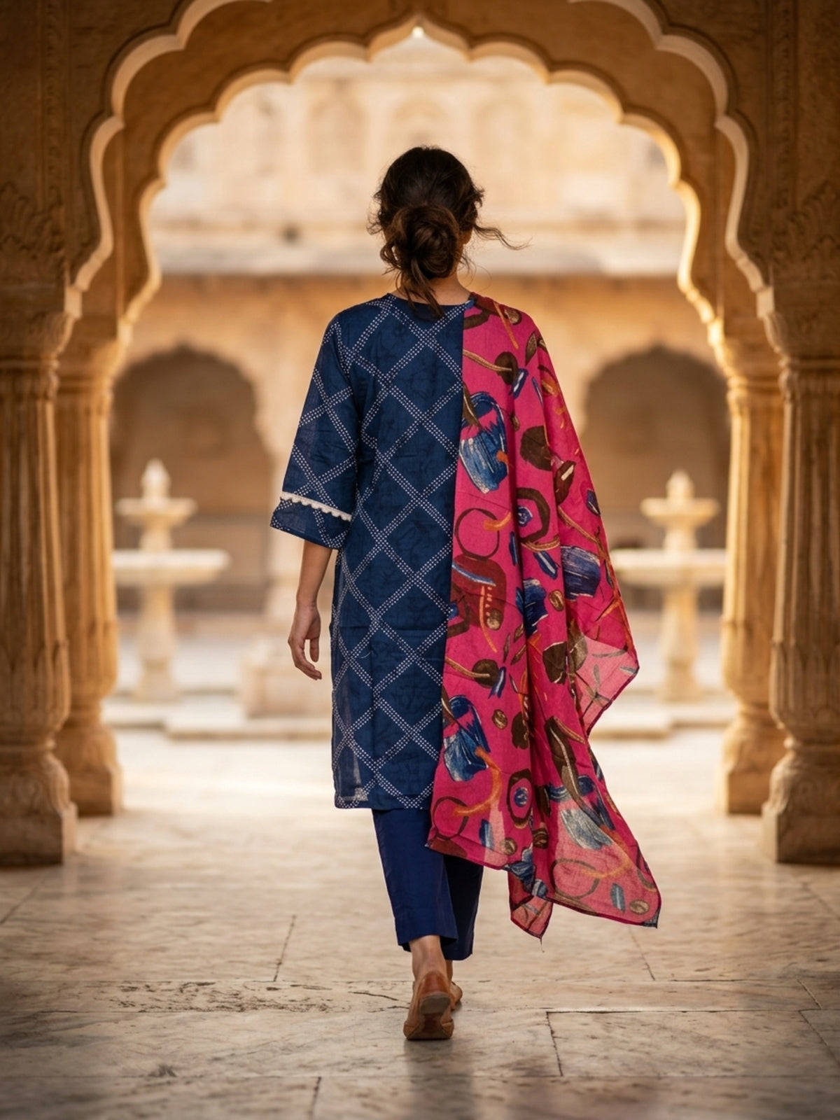 Stella Women Modal Flower Printed Kurta with Solid Trouser & Matching Dupatta Set | Round Neck 3/4 Sleeves Woven Kurta with Elasticated Waistband | Slip-On Bottom | Ethnic Wear | Ank