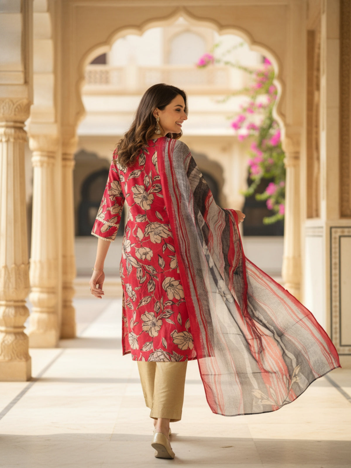 Stella Women Modal Flower Printed Kurta with Solid Trouser & Matching Dupatta Set | Round Neck 3/4 Sleeves Woven Kurta with Elasticated Waistband | Slip-On Bottom | Ethnic Wear | Ank