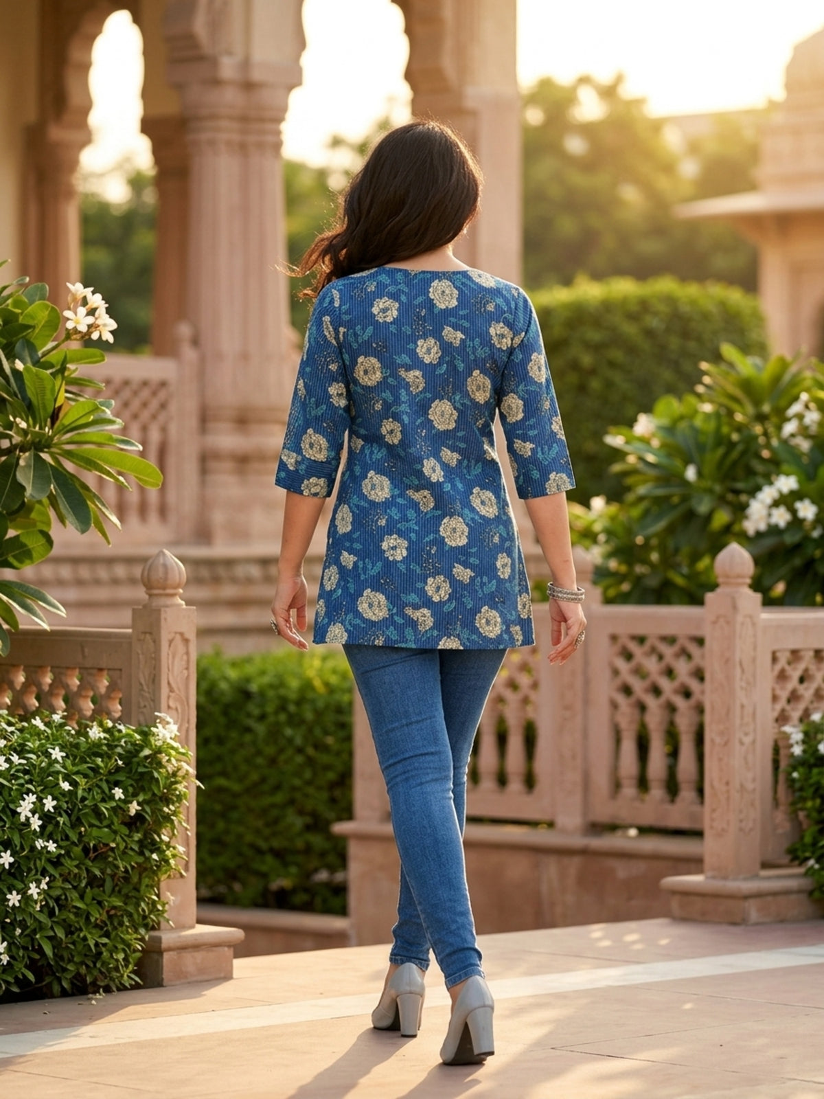 Indigo Blue Floral Printed Cotton Short Kurti