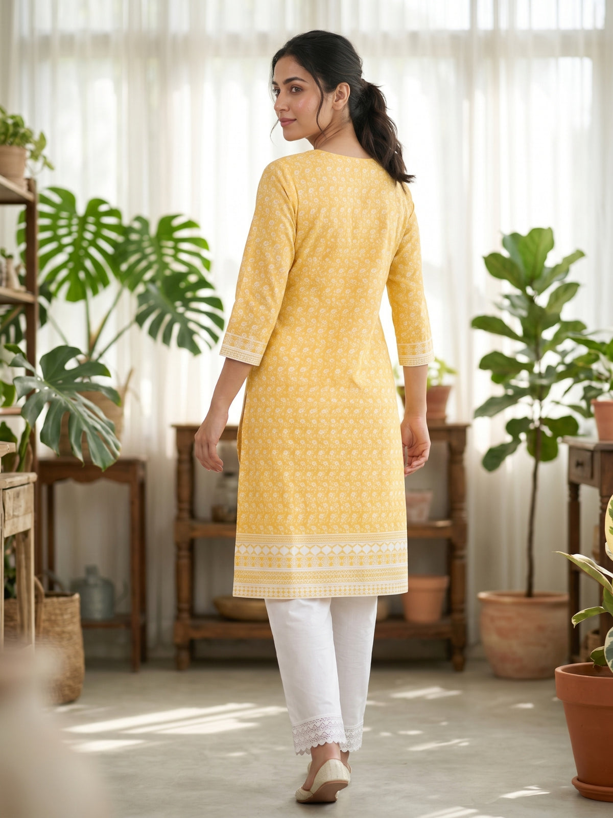 Nizam Women Pure Cotton Printed Ethnic Kurta Set with Matching Trousers, Round Neck, 3/4 Sleeves & Straight Fit for Casual, Office & Festive Wear | Ank