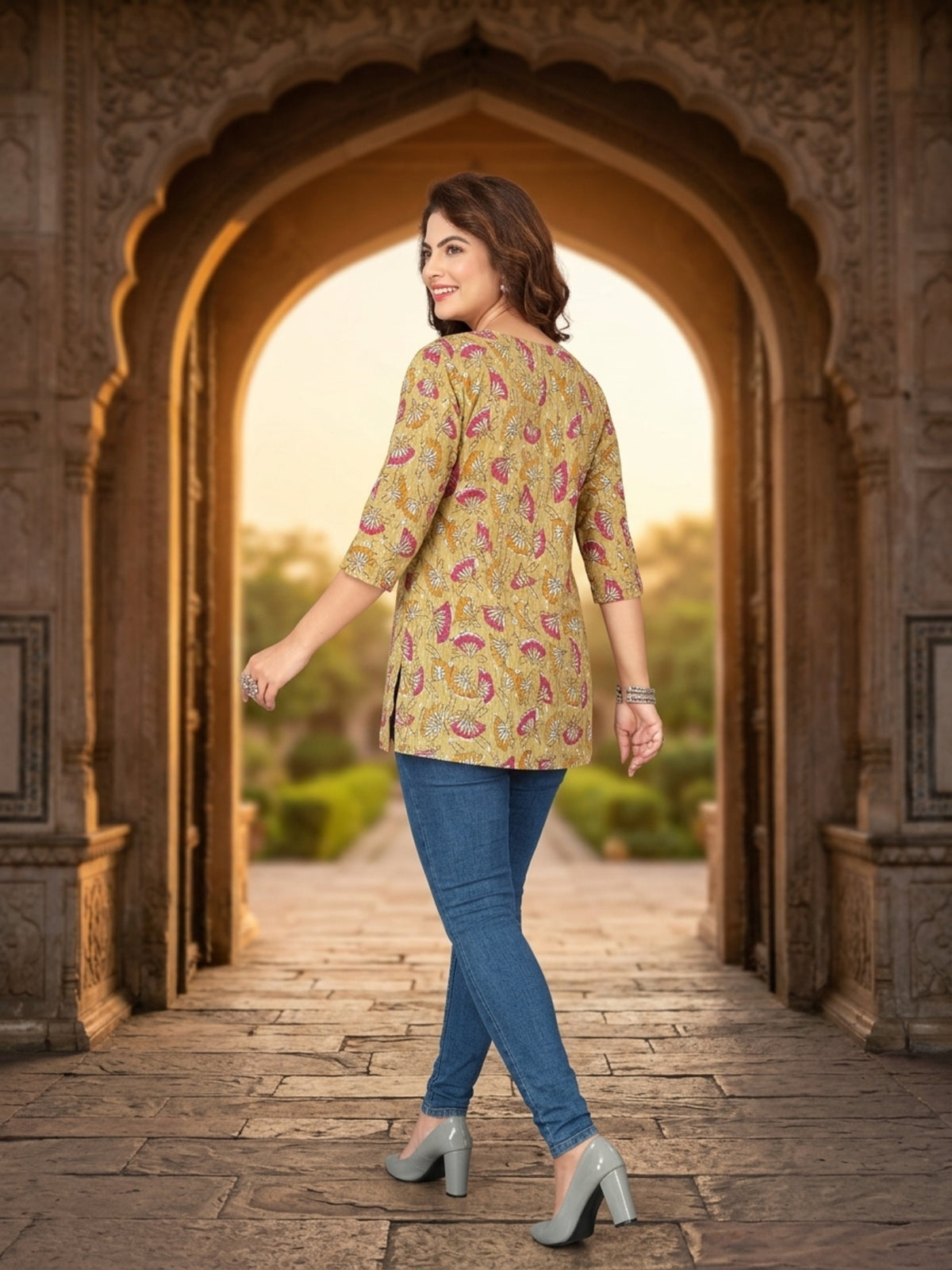 Pure Cotton Floral Print Short Kurti with Embroidered V-Neck Tunic