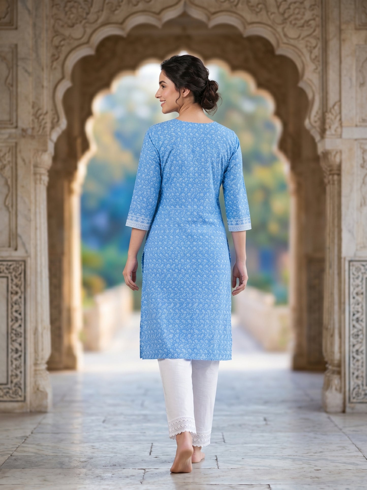 Nizam Women Pure Cotton Printed Ethnic Kurta Set with Matching Trousers, Round Neck, 3/4 Sleeves & Straight Fit for Casual, Office & Festive Wear | Ank