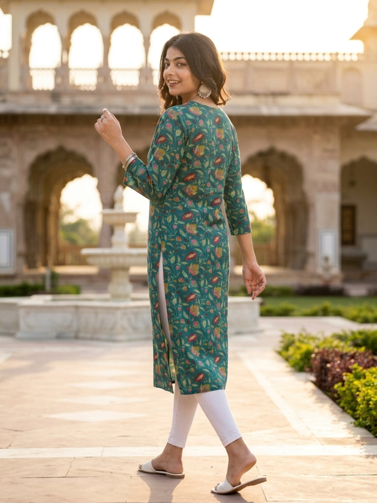 Floral Print Cotton Rayon Straight Kurta (Teal Green)
